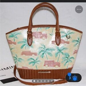 Cream and Brown Leather Trimmed Tropical Print Tote